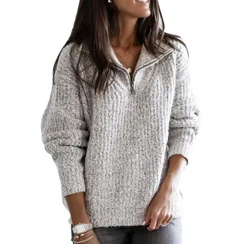 Осенне-зимние Свитера повседневные женские пуловеры с отворотом на молнии с длинным рукавом вязаные свитера Свободный пуловер свитер женский топ - Цвет: Grey