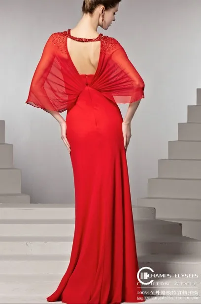 fashion sexy backless vestidos de festa red long cap sleeve formal beaded bride evening gown Mother of the Bride Dresses