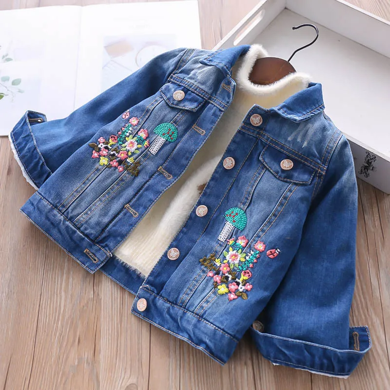 

325095 plus Velvet 2018 Winter Girls Embroidery Flower Back Rabbit Cowboy CHILDREN'S Jacket Childrenswear