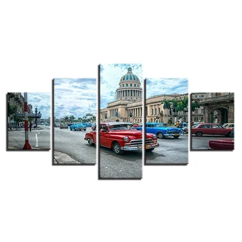 

Hot Selling 5 Pieces Home Decor Print on canvas Wall Art Decorations Wall, Havana Cuba Car City Paintings Canvas