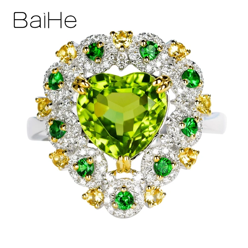 White Yellow BAIHE, 14 к, белое+ желтое золото, 9x9 мм, сердце, натуральный Перидот, хорошее ювелирное изделие, подарок, красивое кольцо, обручальное кольцо, кольцо в форме сердца - Цвет камня: White Yellow