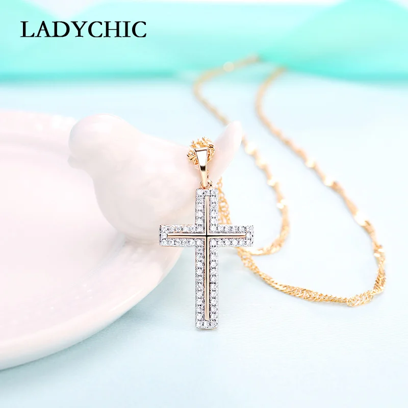 

LADYCHIC Lucky Female Cross Crystal Pendants Gold Chain Necklaces AAA Level Shiny Zircon Choker Necklace Fashion Jewelry LN1078