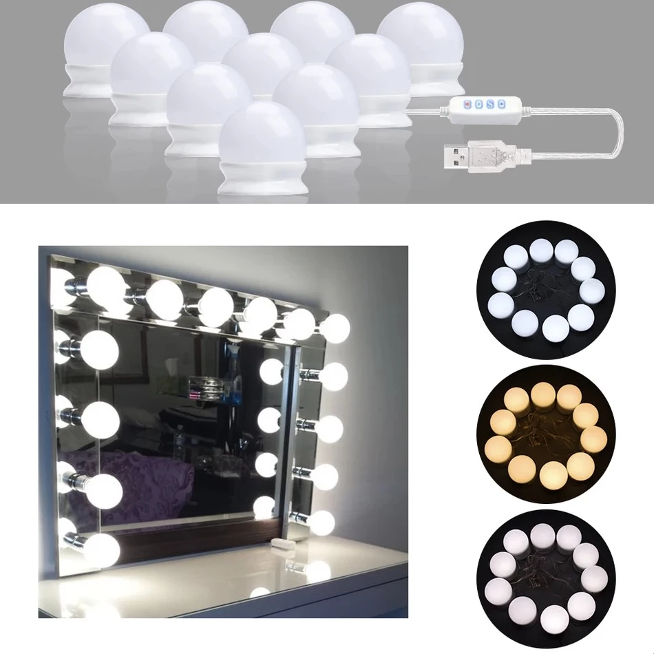 Hollywood Style Led Bulbs 10 Pcs Makeup Mirror Light Dimmable Usb Plug Led Vanity Mirror Lamp Kit Lens Headlight Dresser Lamp Vanity Lights Aliexpress