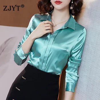 

Fashion New Autumn Women Elegant Office Shirt Long Sleeve Turn Down Collar Solid Satin Blouses Female