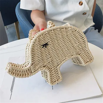 

Beach Women's Summer Vacation Shoulder Messenger Bag Cute Elephant Shape Straw Bohemia Handbag Woman's Crossbody Shopping Purse