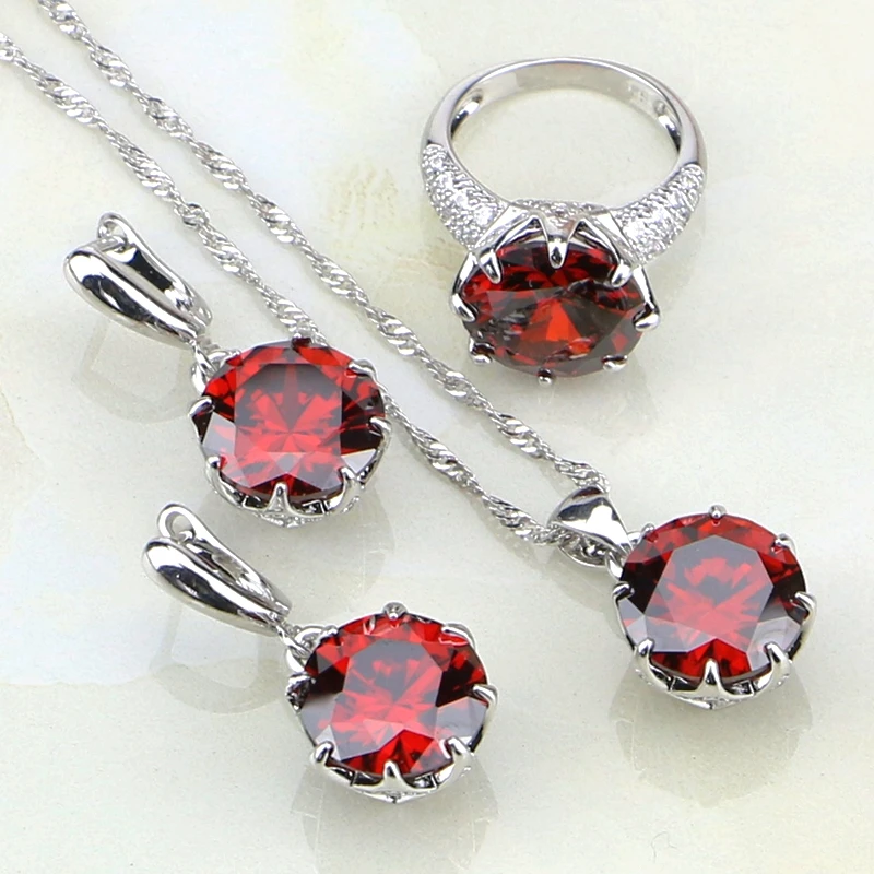 Bridal Crystal Jewelry Sets Dark Red Cubic Zirconia White Zircon Sterling Silver 925 Bridal Wedding Jewelry Sets Earrings/Pendant/Necklace/Ring For Women
