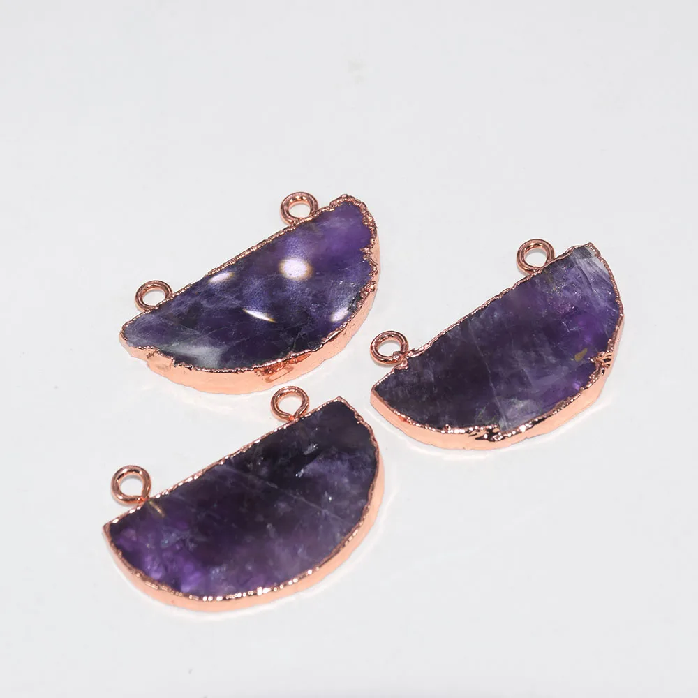 

Rose Gold Bezel Moon Shape Natural Stone Necklace Connector Female 2019 Purple crystal quartz connector for women jewelry making