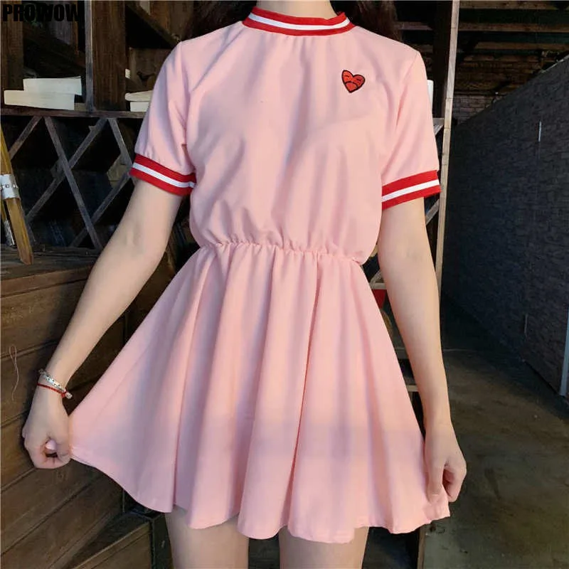 2020 Summer For Women Cute Heart Print Dress Sweet Dress Fashion Slim Short Sleeve Round Neck Harajuku Female Dress Vestidos