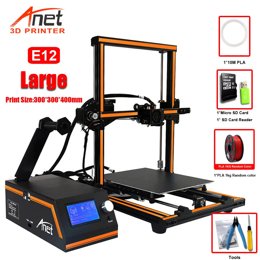 E12 With 1KG PLA Anet E10 E12 3d принтер Высокая точность низкий шум простая сборка DIY 3d принтер набор большой размер печати Micro SD карта USB подключение - Цвет: E12 With 1KG PLA