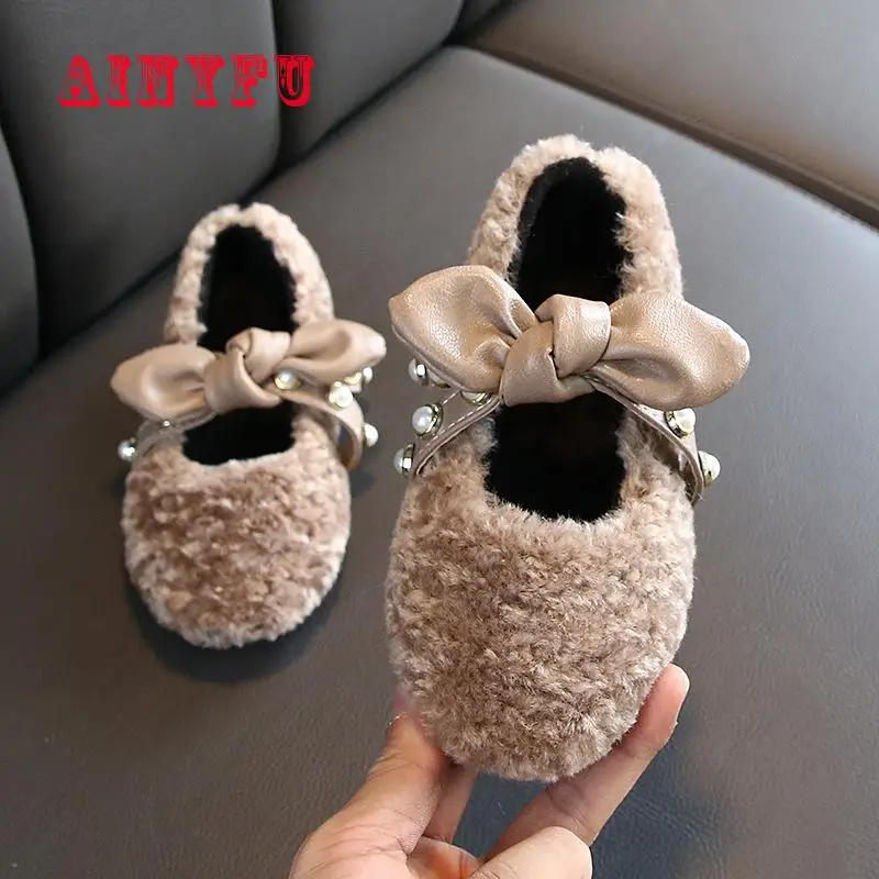 Ainyfu Детский галстук-бабочка принцесса Bootie осень зима мода девушки плюш хлопок обувь дети теплые Нескользящие сапоги с мягким низом B320