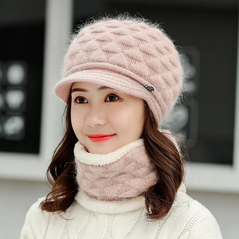 Light pink Женская зимняя шапка и шарф, комплект из двух предметов, женский шерстяной утепленный комплект, женский шарф с кольцом, шапки для девочек, унисекс, шапка - Цвет: Light pink