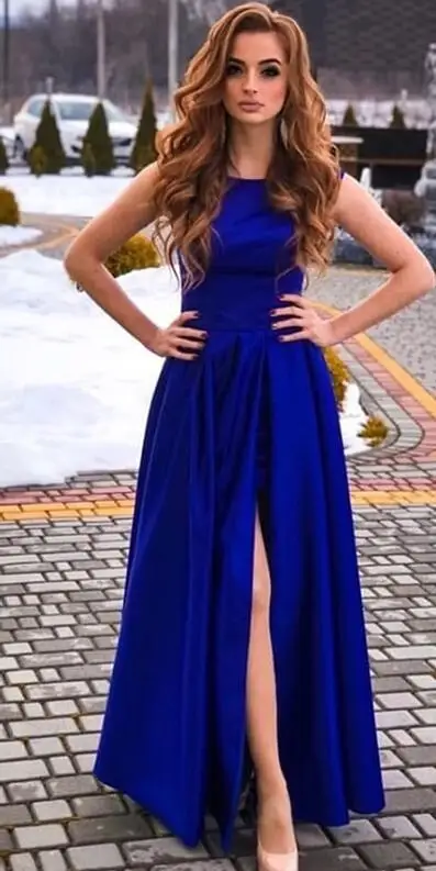 Picture Royal Blue Элегантный насыщенного синего цвета платье для выпускного вечера без рукавов высокой щели Простые Вечерние платья дешевые платья на выпускной длинный Vestido De Formatura Новинка - Цвет: Picture Royal Blue