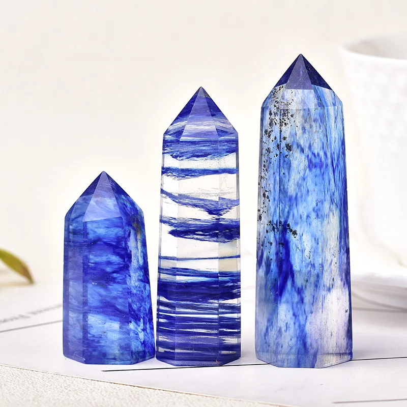1PC Natural Blue Melting Crystal Point Hexagonal Artificial Crystal Pillar Mineral Jewelry Magic Repair Healing Home