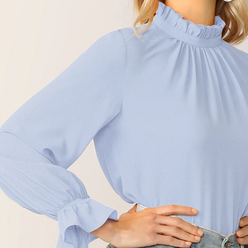 SHEIN abaya/белая оборка со стоячим воротником и манжетами, топ с замочным отверстием на спине, Женская однотонная блузка, осенние элегантные офисные женские блузки с длинными рукавами
