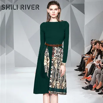 

New autumn winter sweater dress for women a line long sleeve slim elegant floral print vintage green pleated dress with belt