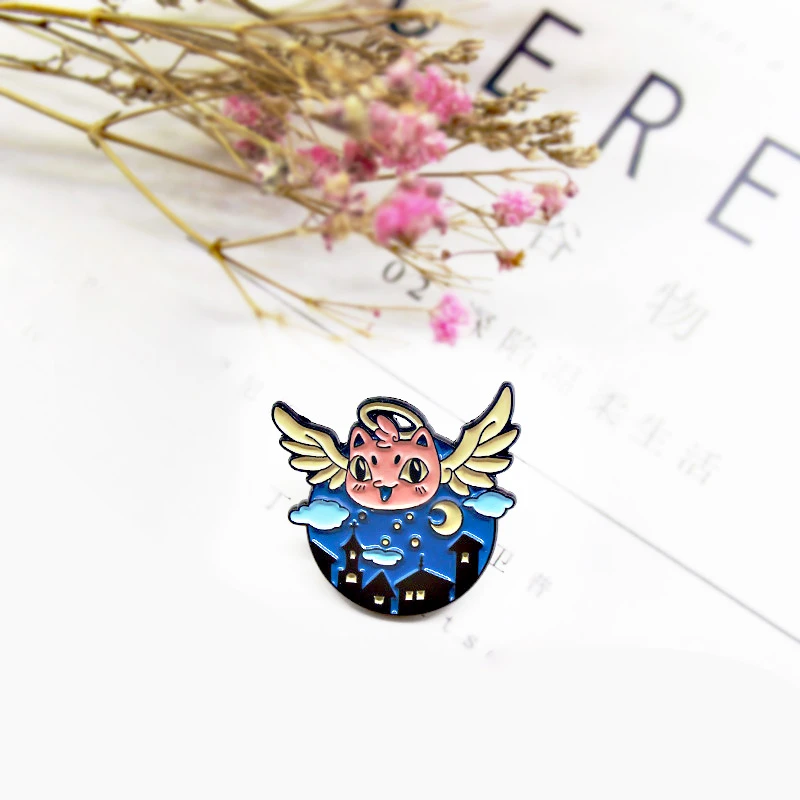 Flying Angel Cat Enamel Brooch Nocturnal Animals Angel Wings Cat's Head  Lapel Pin Moon House Clouds Cartoon Animals Badge - Brooches - AliExpress