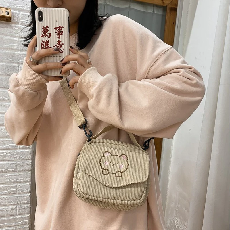 Geestock Small Bear Crossbody Bag For Girl Student Canvas Zipper Messenger Bag Small Corduroy Shoulder Bags Travel Purse Handbag