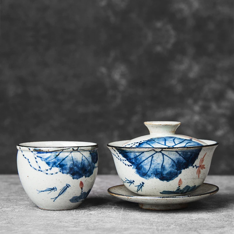 Hand Painted Lotus Gaiwan For Tea Pottery Tureen With Lid Teaware Kung Fu Tea Ceremony Set Coffee Cups Bowls Fish Chawan