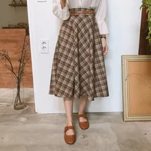 

Elastic Waist Vintage Skirts New Harajuku MI-long Plaid Skirt Women High Waist School Girls Mid Carf Pleated Skirt
