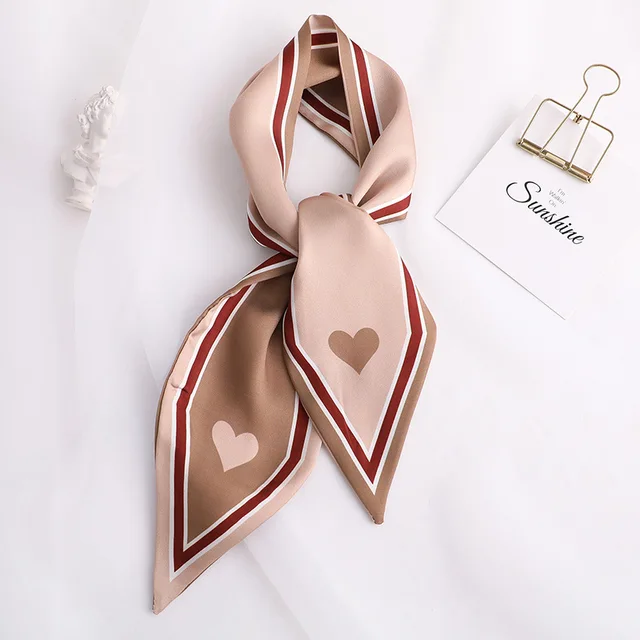 Sweet Love Print Women Small Silk Scarf Handle Bag Ribbons Female Head Scarves Sharp angle Green 90*10cm 34
