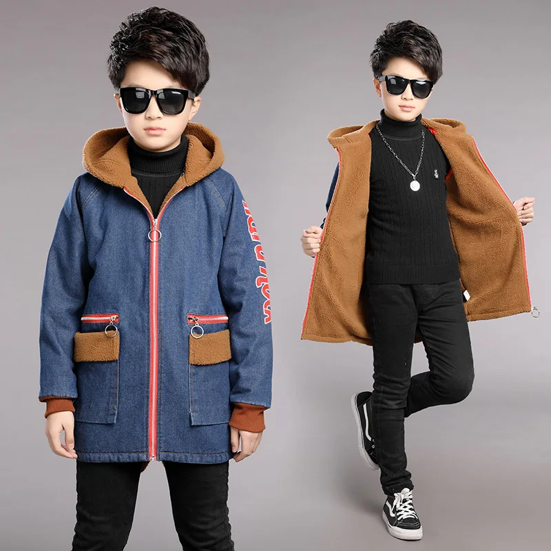 

Korean-style Childrenswear 2019 Winter New Style BOY'S Caramel Color Theme Berber Fleece Denim Windbreaker