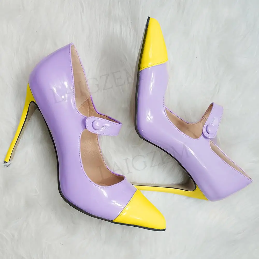 LAIGZEM/пикантные женские туфли-лодочки разных цветов на тонком каблуке; свадебные вечерние туфли Mary Jane; Цвет фиолетовый, синий; женская обувь года; большие размеры 34-47