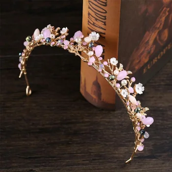 

Vintage Pink Beads Bridal Crowns Tiara Bride Headband Crystal Rhinestone Flower Diadem Headpiece Wedding Hair Accessories