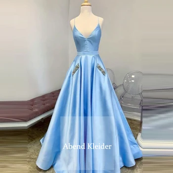 

Long Light Blue Satin Graduation Women Prom Dresses 2020 with Pocket Party Gowns Robe De Princesse Femme