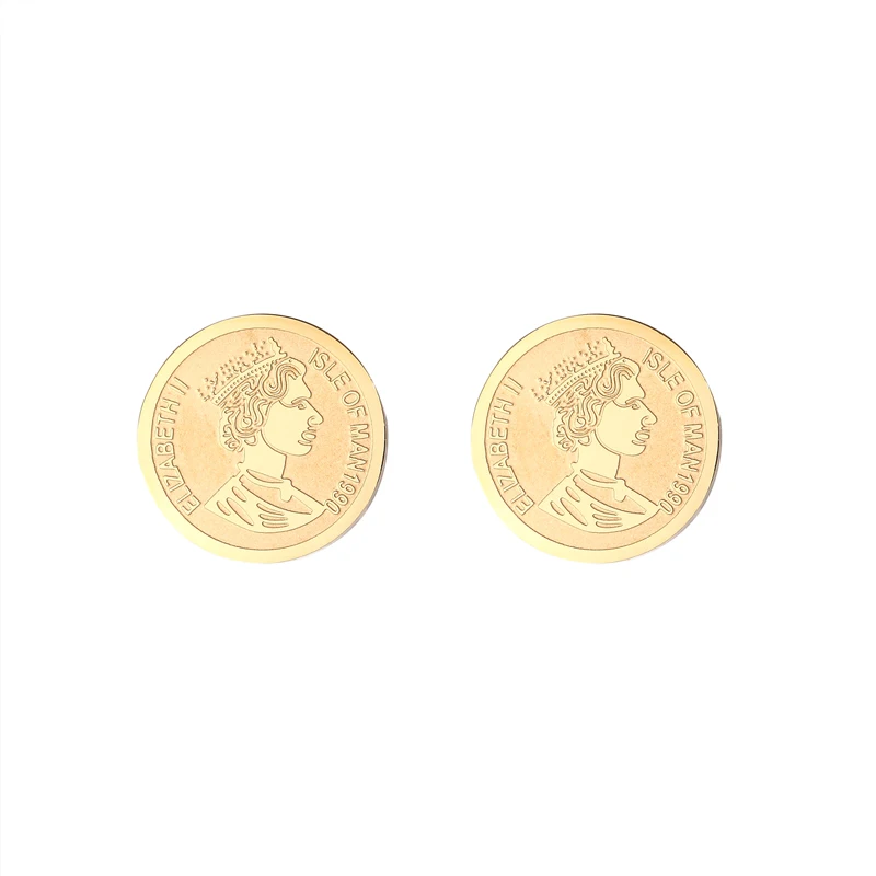 Gold Coin Earrings Queen Disc Circle Vintage Gold Stud Earring For