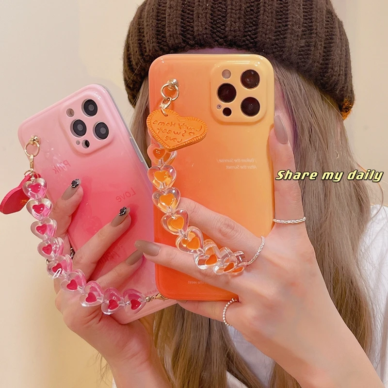 Pink Orange Gradient Color Phone Case For Iphone 11 12 13 Pro Max Iphone X Xr Xsmax With Love Heart Hand Chain Aliexpress Pink Orange Gradient Color Phone Case For Iphone 11 12 13 Pro Max Iphone X Xr Xsmax With Love Heart Hand Chain Aliexpress