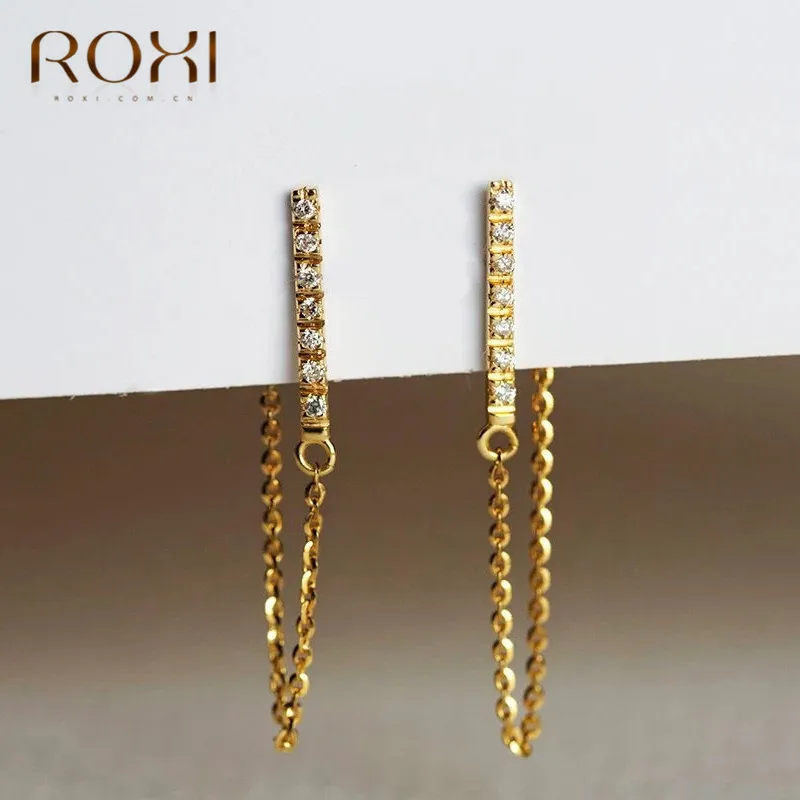 ROXI 925 пробы, сереьряные серьги гвоздики для женщин, Для женщин женский цепь кисточкой серьги корейский, геометрической формы для отдельной стойки с украшением в виде кристаллов, серьги, ювелирное изделие
