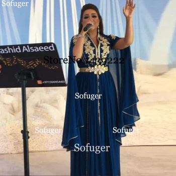 

Navy Deep V Neck Evening Dresses Pleat Sash Appliques Flowers Saudi Arabic Special Occasion Evening Formal Prom Party Gown
