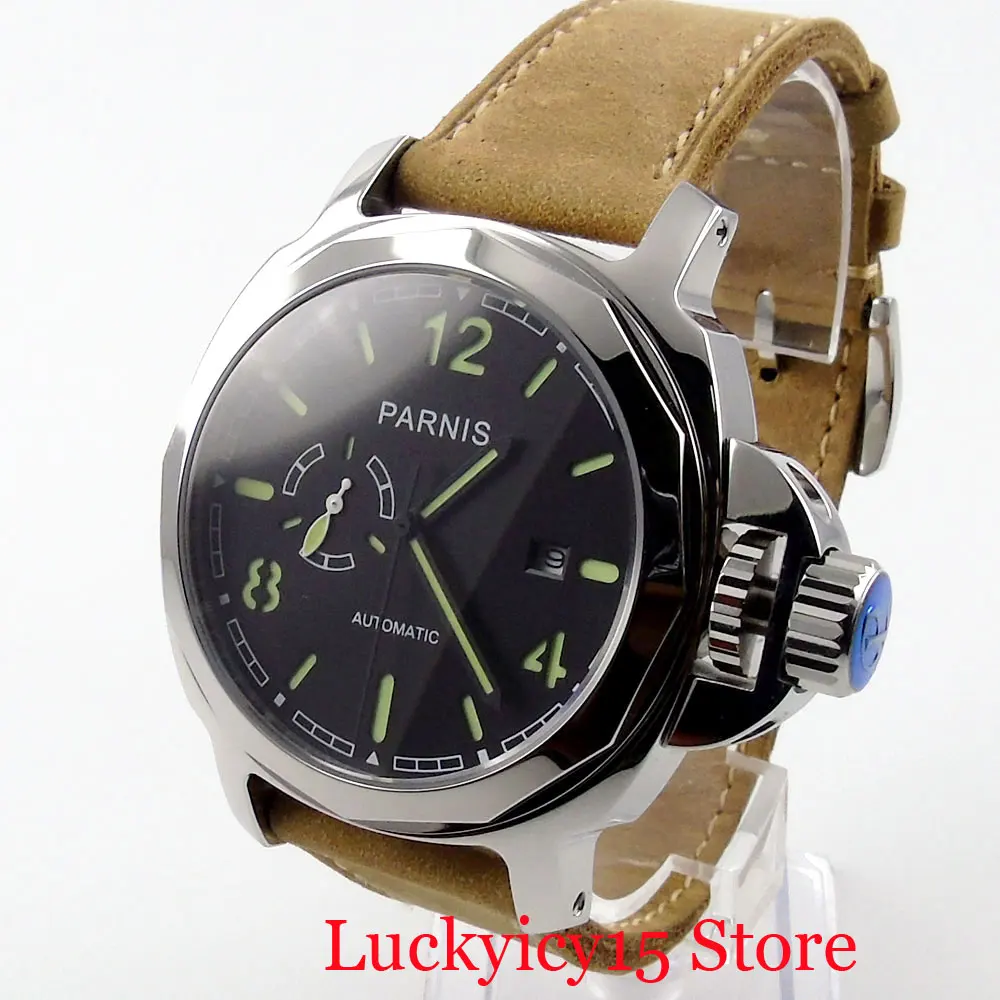 

PARNIS Special Design Self Winding Men Watches Sapphire Glass Black Dial Date WIndow Luminous Hand Big Crown Automatic Movement