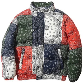 

Windbreaker Streetwear Retro Pattern Color Block Harajuku Winter Padded Coat Warm Outdoor Clothing Hip Hop Jacket Parka Men