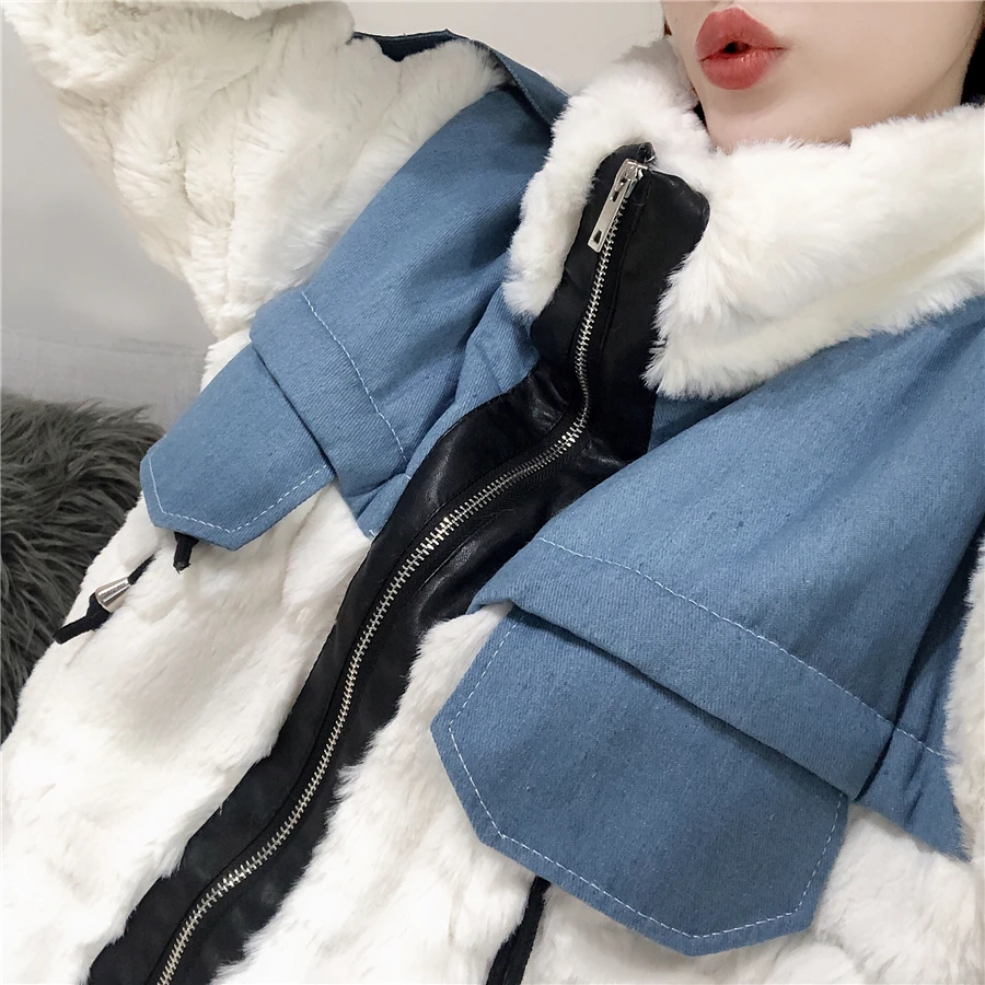 WHITNEY WANG осень зима модная уличная одежда джинсовое лоскутное пальто из искусственного меха женское плотное теплое зимнее пальто Верхняя одежда Пальто