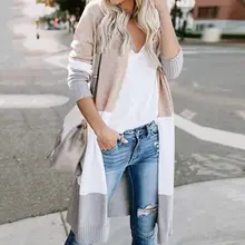 Женский лоскутный Повседневный Кардиган с длинными рукавами с длинным рукавом, повседневный трехцветный осенний и зимний модный женский длинный свитер