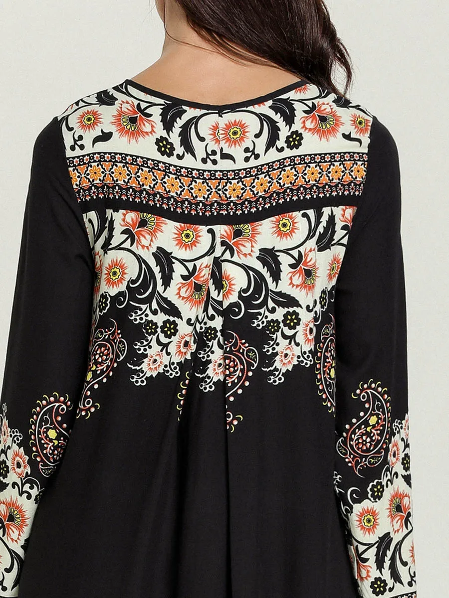 BNSQ Black Printed Round Neck Lace Long Sleeve Mopping Dress Boho Casual Abaya Middle East Ramadan Arab Islamic Clothing