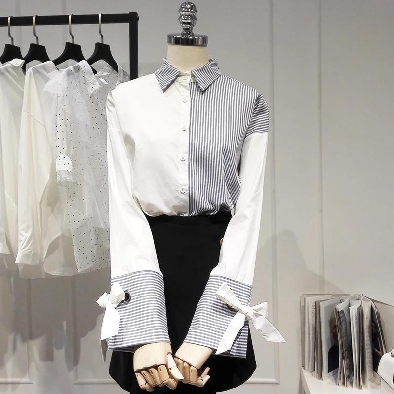 Designer Special Shirt Striped Color Block Blouse Long Sleeve Top Women Shirt Irregular Length Tie Chemise Femme Blusa Mujer