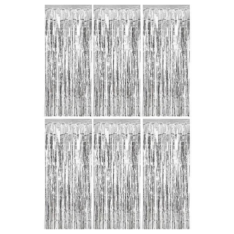 

6 Pack Curtains Backdrop Fringe Curtain Photo Backdrop for Wedding Birthday Party Stage Decor (Silver)