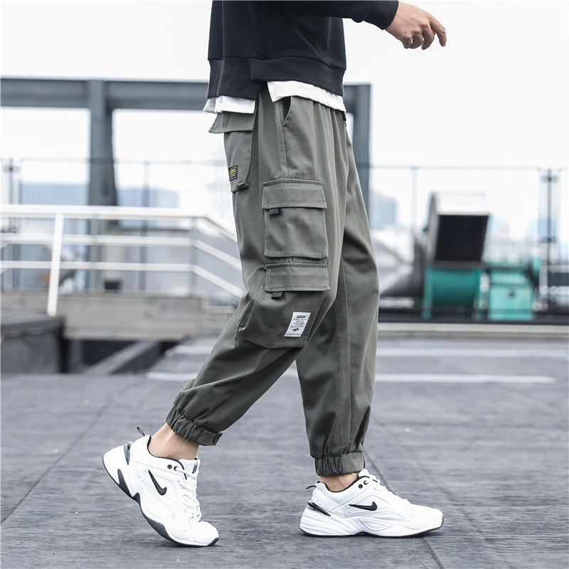 Cheap Hip Hop Joggers Men Black Multi-pocket Ribbons Man Sweatpants  Streetwear Casual Mens Pants