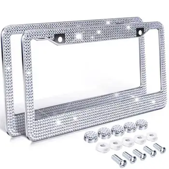 

Diamond Bling Glitter Crystal Rhinestone Car Stainless Steel License Plate Frame Holder Silver For USA American Canada Truck
