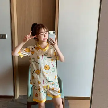 

Foply Women's Pajamas Set Silk Cartoon Printing Sexy Lace Top And Shorts V-Neck Short Sleeve Pajamas Shorts Summer SleepWear