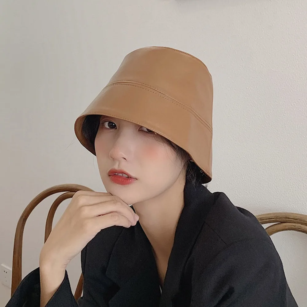 PU Leather Winter Bucket Hat For Women Girl Fashion Solid Soft Keep Warm Fishing Cap Outdoor Vacation Hat Cap Lady Panama