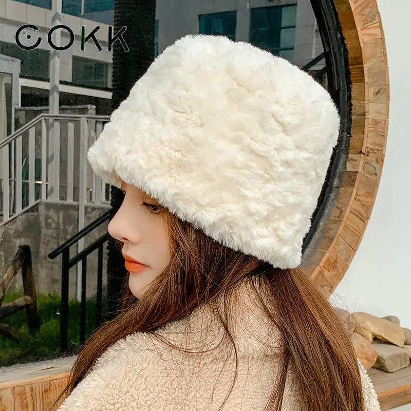 

COKK Bucket Hat Women Winter Imitation Rabbit Fur Thick Warm Bob Bonnet Femme Outdoor Windproof Fashion Gorros Cap Female New