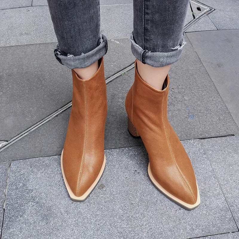 Модные ботинки; брендовые ботинки «Челси»; Botas Mujer Zapatilla; женские ботинки на высоком каблуке из натуральной кожи с квадратным носком