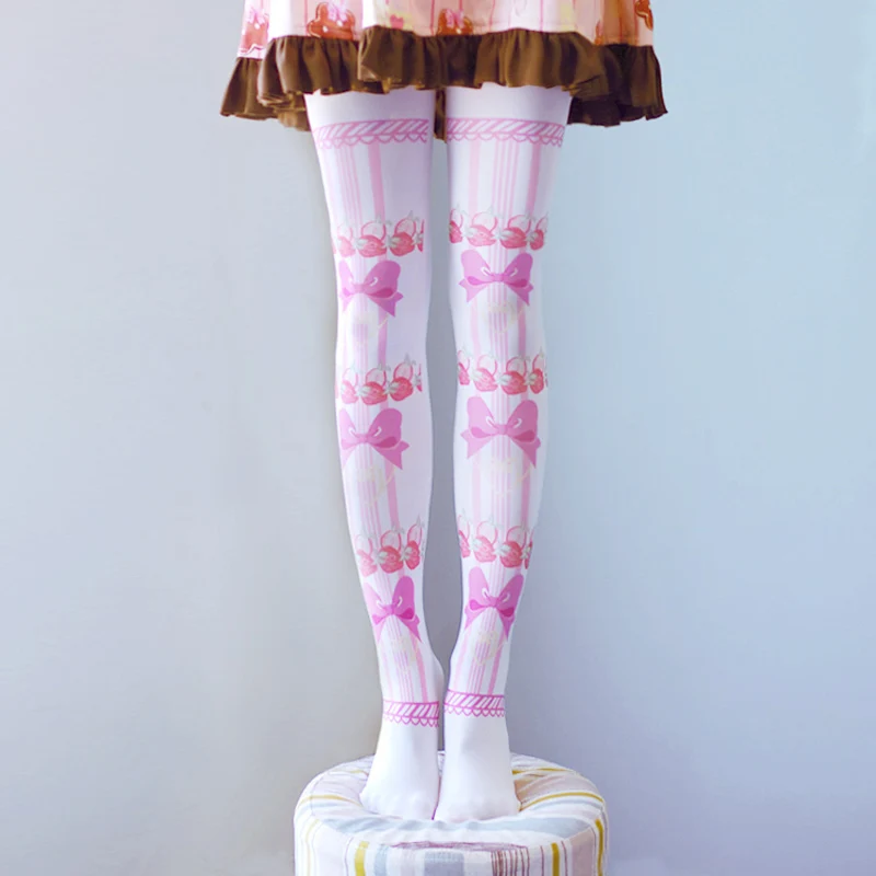 

Japanese sweet girl stockings lolita cute bow strawberry print romper soft sister student bottoming socks