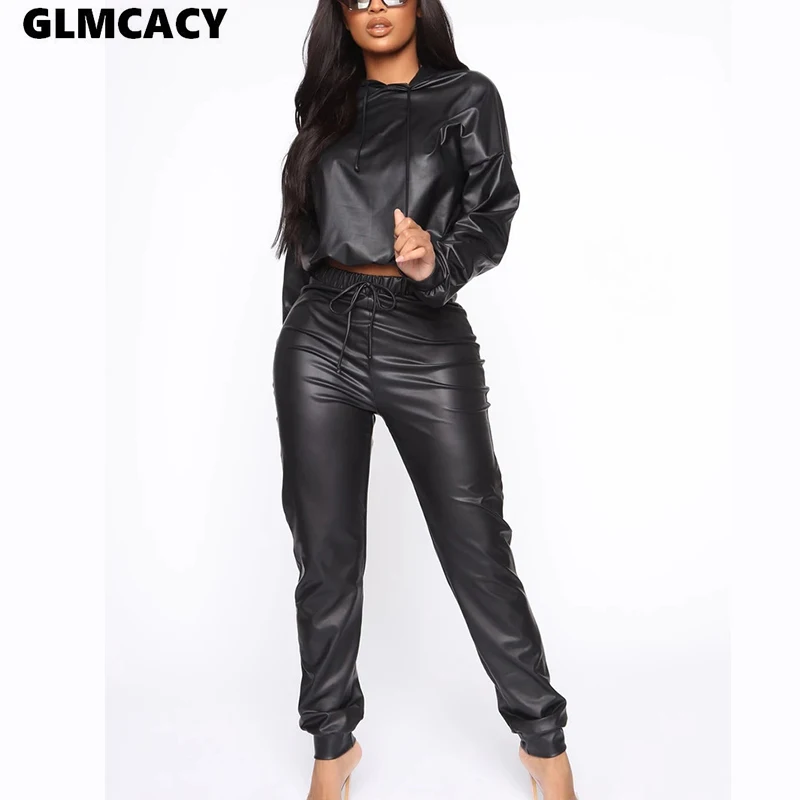 Women Two Piece PU Tracksuits Set Fashion Faux Leather Hoodies and Drawstring Pants Female 2 Piece Outfit Streetwear Women Two Piece PU Tracksuits Set Fashion Faux Leather Hoodies and Drawstring Pants Female 2 Piece Outfit Streetwear