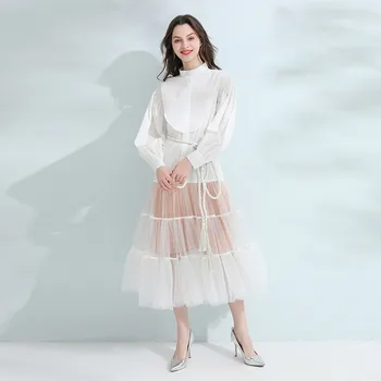 

2020 Spring New Arrival Fashion Long Dress Women Long Sleeve Cotton Patchwork Mesh Party Dress Sashes Elegant White Maxi Dress