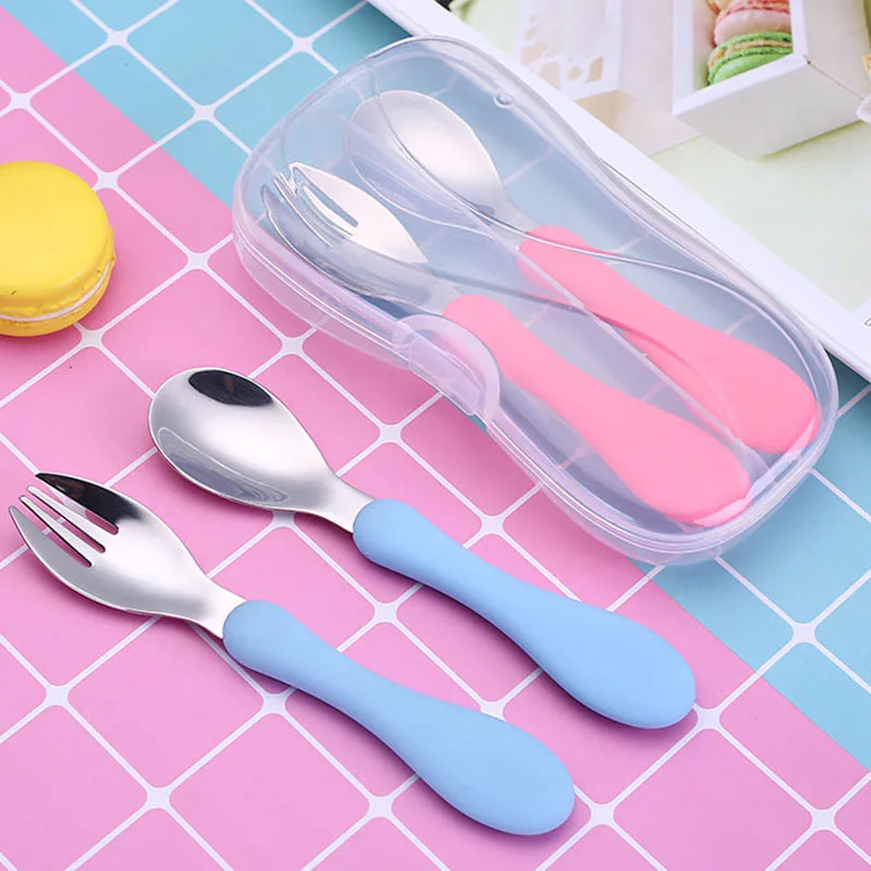 2 Colors Baby Stainless Steel Fork Spoon Tableware Set for Self Feeding Flatware with Storage Box Set HFing