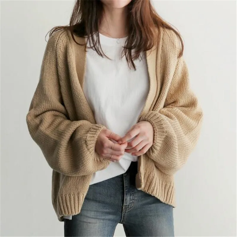 

2019 Spring Autumn College Wind Loose Long Sleeve Short Paragraph Wild Small Knit Cardigan Khaki Black NavyV-neck Women Sweater